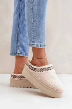 Best Boto Śniegowce Kapcie Na Platformie Z Futerkiem Typu Baranek Jasnobeżowe Leaniella