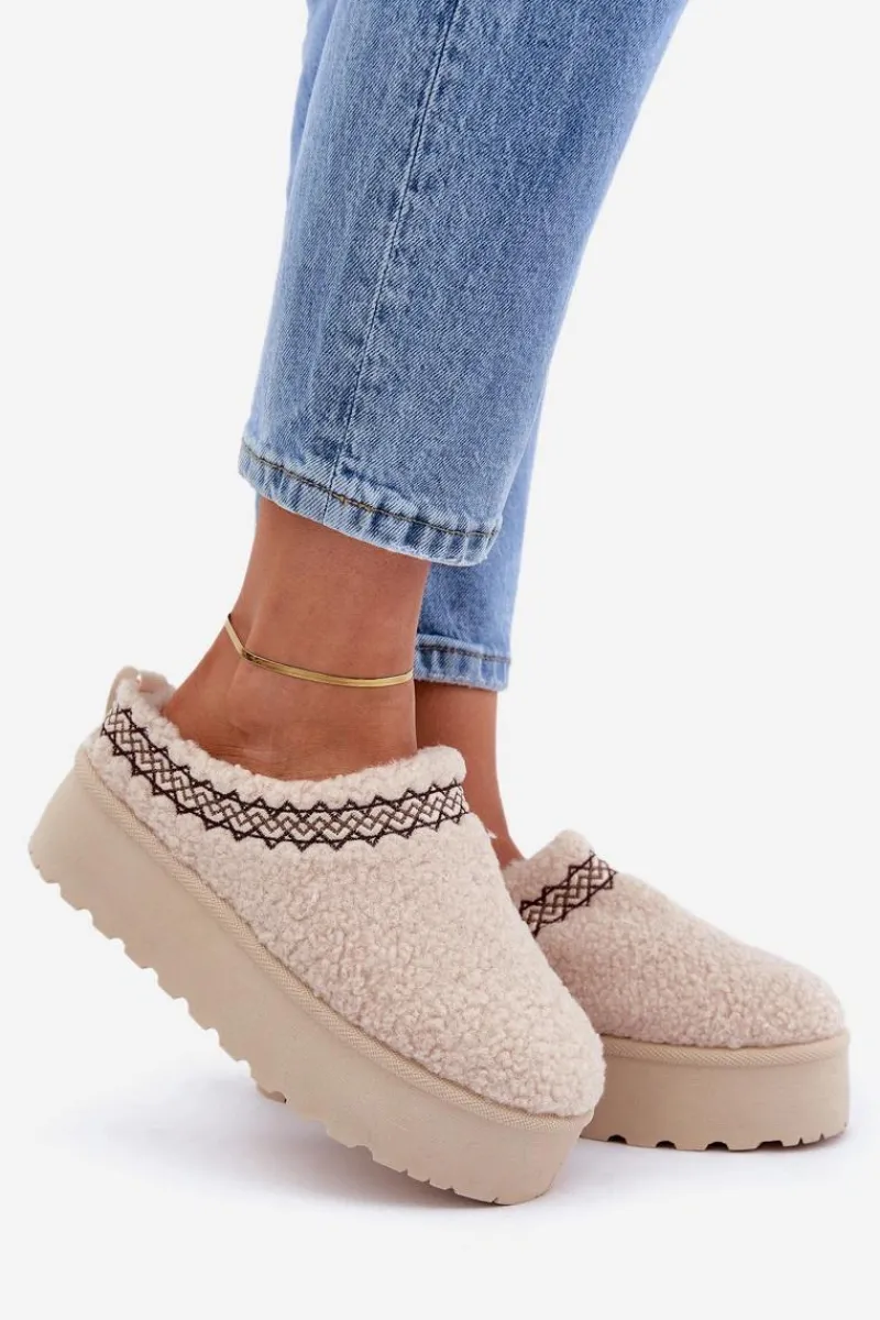 Best Boto Śniegowce Kapcie Na Platformie Z Futerkiem Typu Baranek Jasnobeżowe Leaniella