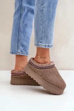 Hot Śniegowce Kapcie Na Platformie Z Futerkiem Typu Baranek Brązowe Ovirissa Damskie Śniegowce Damskie|Kapcie Klasyczne