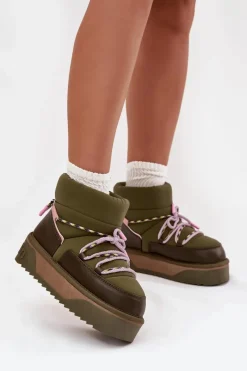 Outlet D.Franklin Śniegowce Na Platformie DFSH371015 Khaki Zielony