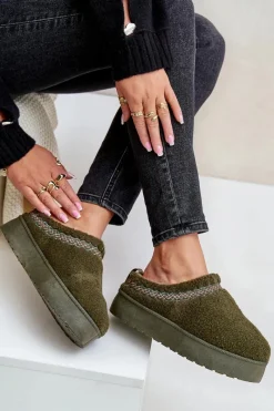 Śniegowce Damskie|Kapcie Klasyczne></noscript>Boto Śniegowce Na Platformie Z Futerkiem Typu Baranek Ciemnozielone Mesirra