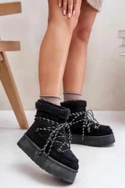 Śniegowce Damskie>Boto Śniegowce Na Platformie Z Wiązaniem Czarne Izathiel Czarny