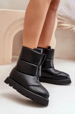 Śniegowce Damskie>Boto Śniegowce Na Platformie Z Zamkiem Eko Skórzane Czarne Resisia