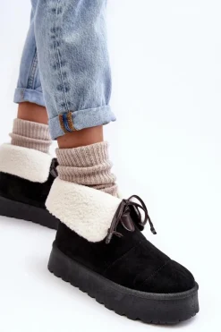 Hot Śniegowce Na Platformie Z Kożuchem Czarne Olimuka Damskie Śniegowce Damskie