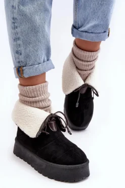 Hot Śniegowce Na Platformie Z Kożuchem Czarne Olimuka Damskie Śniegowce Damskie