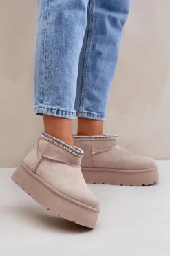 Śniegowce Damskie>Boto Śniegowce Na Platformie Z Ozdobnym Haftem Jasnobeżowe Heslania