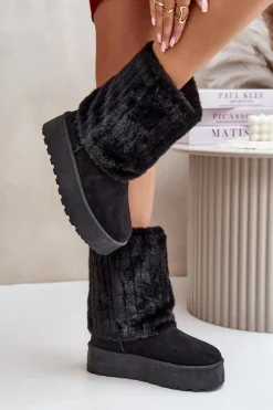 Clearance Evento Śniegowce Na Platformie Z Wywiniętą Cholewką Czarne Lisonea