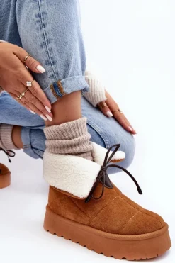 Śniegowce Damskie>Boto Śniegowce Na Platformie Z Kożuchem Camel Olimuka Brązowy