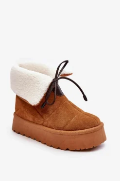 Śniegowce Damskie>Boto Śniegowce Na Platformie Z Kożuchem Camel Olimuka Brązowy