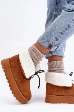 Śniegowce Damskie></noscript>Boto Śniegowce Na Platformie Z Kożuchem Camel Olimuka Brązowy