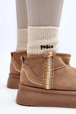 Discount Boto Śniegowce Na Platformie Ze Wzorem Jasnobrązowe Udra Brązowy