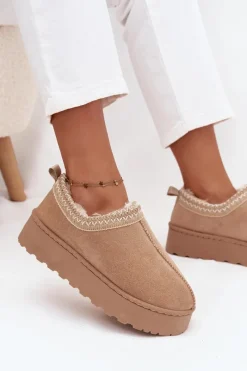 Boto Śniegowce Niskie Damskie Z Haftem Na Platformie Beżowe Taliah Beżowy