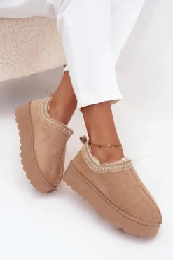 Boto Śniegowce Niskie Damskie Z Haftem Na Platformie Beżowe Taliah Beżowy