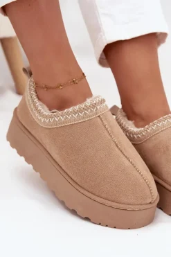 Boto Śniegowce Niskie Damskie Z Haftem Na Platformie Beżowe Taliah Beżowy