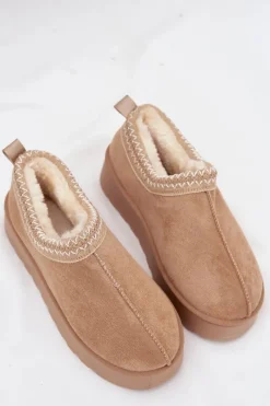 Boto Śniegowce Niskie Damskie Z Haftem Na Platformie Beżowe Taliah Beżowy