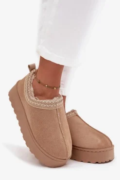 Boto Śniegowce Niskie Damskie Z Haftem Na Platformie Beżowe Taliah Beżowy