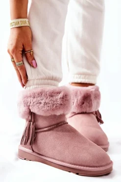Śniegowce Damskie>Boto Śniegowce Ocieplane Frędzle Różowe Sorella