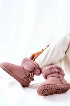 Śniegowce Damskie>Boto Śniegowce Ocieplane Frędzle Różowe Sorella
