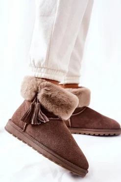 Śniegowce Damskie>Boto Śniegowce Ocieplane Frędzle Brązowe Sorella