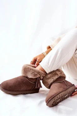 Śniegowce Damskie>Boto Śniegowce Ocieplane Frędzle Brązowe Sorella