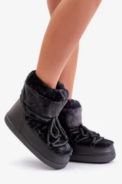 Best Śniegowce Z Futerkiem I Wiązaniem Czarne Silvara Damskie Śniegowce Damskie