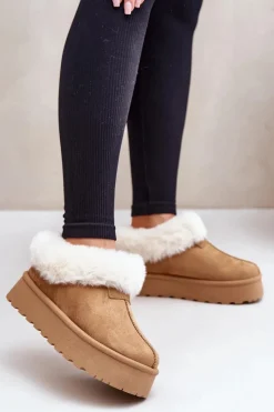 Śniegowce Damskie>Boto Śniegowce Z Niską Cholewką Z Futerkiem Na Platformie Eko Zamszowe Camel Neathoria