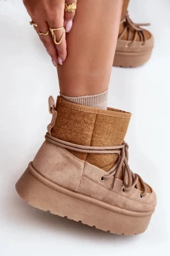 New Boto Śniegowce Z Wiązaniem Na Platformie Brązowe Mavora Brązowy