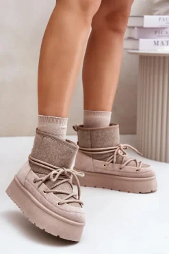 Sale Śniegowce Z Wiązaniem Na Platformie Beżowe Mavora Damskie Śniegowce Damskie