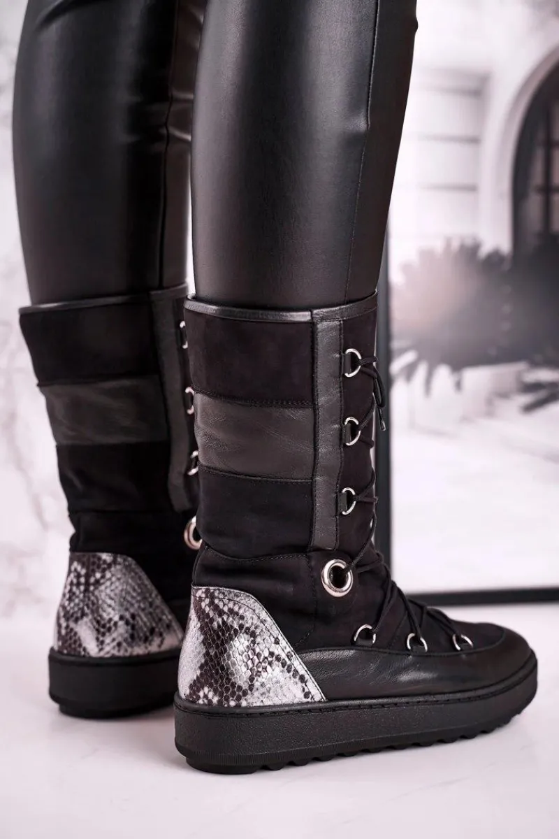 Botki Sznurowane|Czarne Botki>Laura Messi Śniegowce Zamszowe z Futerkiem Czarne 2054