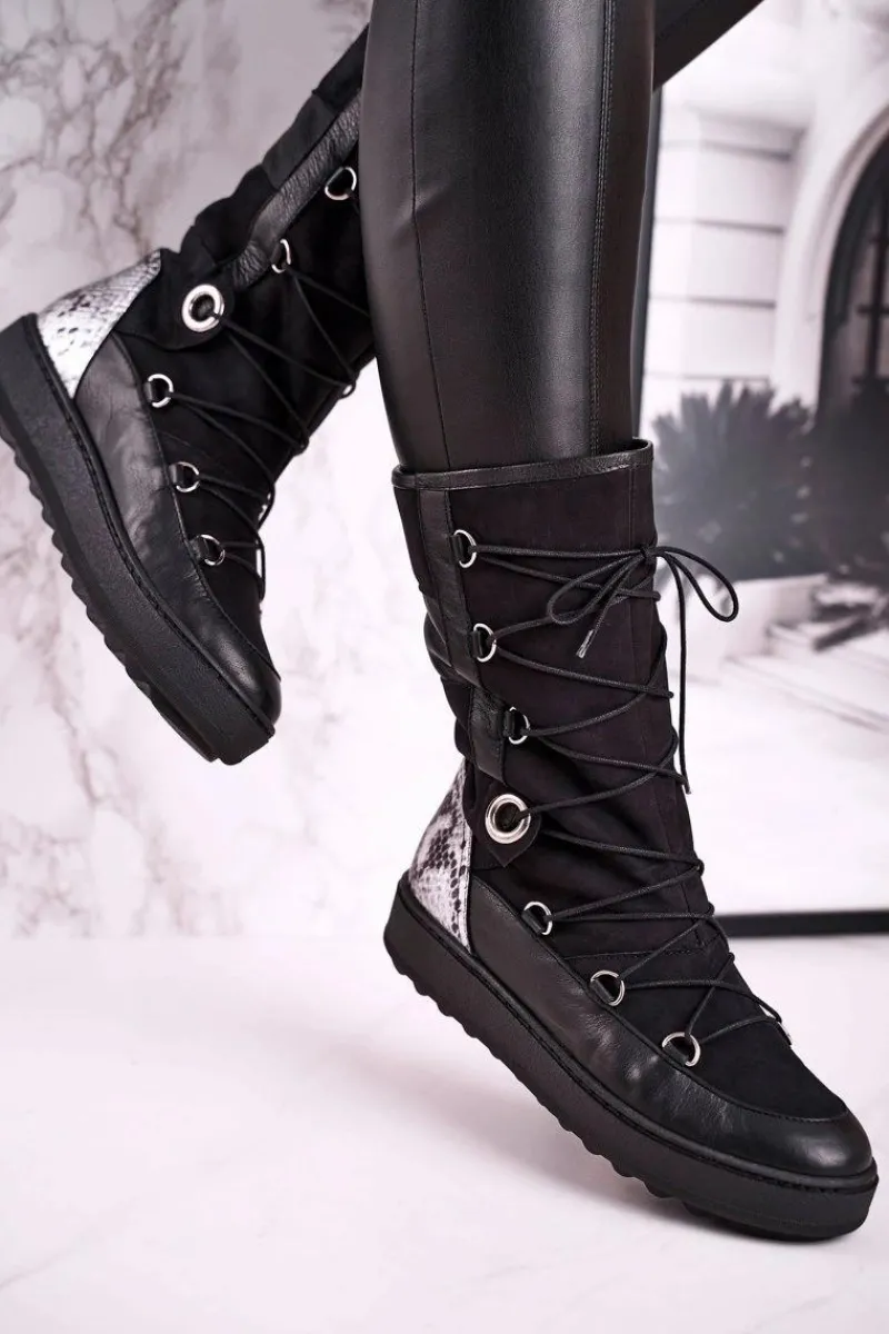 Botki Sznurowane|Czarne Botki>Laura Messi Śniegowce Zamszowe z Futerkiem Czarne 2054