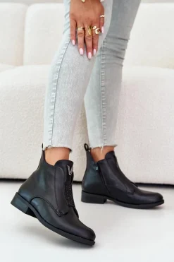 Best Damskie buty S.Barski Niskie Botki Damskie Na Płaskim Obcasie Ocieplane Czarne S.Barski HY42-119 Czarne