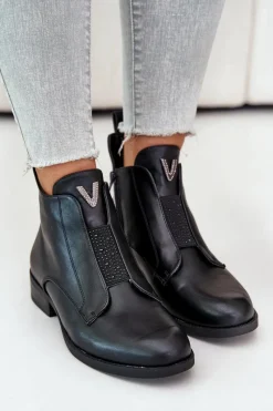 Best Damskie buty S.Barski Niskie Botki Damskie Na Płaskim Obcasie Ocieplane Czarne S.Barski HY42-119 Czarne