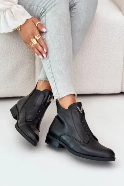 Best Damskie buty S.Barski Niskie Botki Damskie Na Płaskim Obcasie Ocieplane Czarne S.Barski HY42-119 Czarne