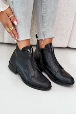 Best Damskie buty S.Barski Niskie Botki Damskie Na Płaskim Obcasie Ocieplane Czarne S.Barski HY42-119 Czarne