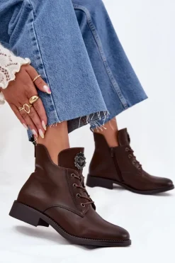 Discount Niskie Botki Damskie Na Płaskim Obcasie Z Ozdobnym Detalem Ocieplane Brązowe Cylira Damskie Botki Ocieplane|Botki Sznurowane