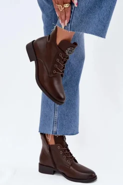 Discount Niskie Botki Damskie Na Płaskim Obcasie Z Ozdobnym Detalem Ocieplane Brązowe Cylira Damskie Botki Ocieplane|Botki Sznurowane