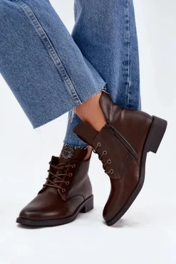 Discount Niskie Botki Damskie Na Płaskim Obcasie Z Ozdobnym Detalem Ocieplane Brązowe Cylira Damskie Botki Ocieplane|Botki Sznurowane