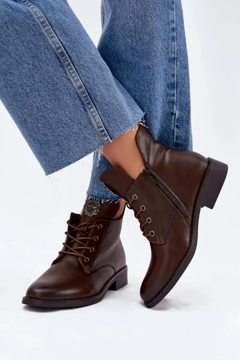 Discount Niskie Botki Damskie Na Płaskim Obcasie Z Ozdobnym Detalem Ocieplane Brązowe Cylira Damskie Botki Ocieplane|Botki Sznurowane