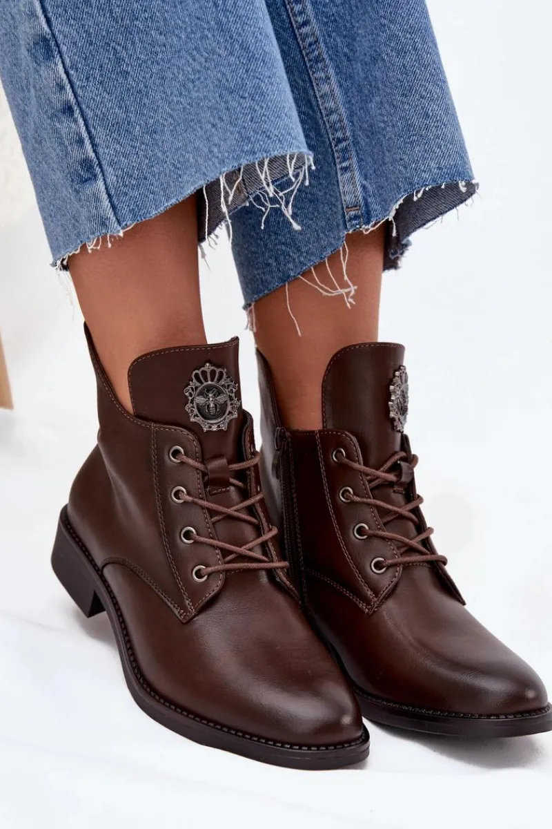 Discount Niskie Botki Damskie Na Płaskim Obcasie Z Ozdobnym Detalem Ocieplane Brązowe Cylira Damskie Botki Ocieplane|Botki Sznurowane