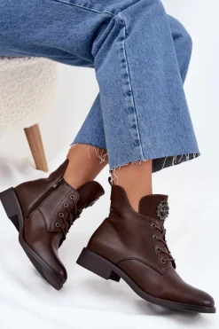 Discount Niskie Botki Damskie Na Płaskim Obcasie Z Ozdobnym Detalem Ocieplane Brązowe Cylira Damskie Botki Ocieplane|Botki Sznurowane