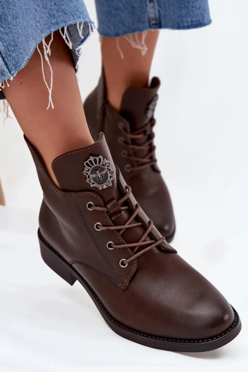 Discount Niskie Botki Damskie Na Płaskim Obcasie Z Ozdobnym Detalem Ocieplane Brązowe Cylira Damskie Botki Ocieplane|Botki Sznurowane