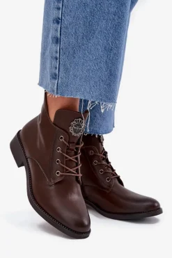 Discount Niskie Botki Damskie Na Płaskim Obcasie Z Ozdobnym Detalem Ocieplane Brązowe Cylira Damskie Botki Ocieplane|Botki Sznurowane