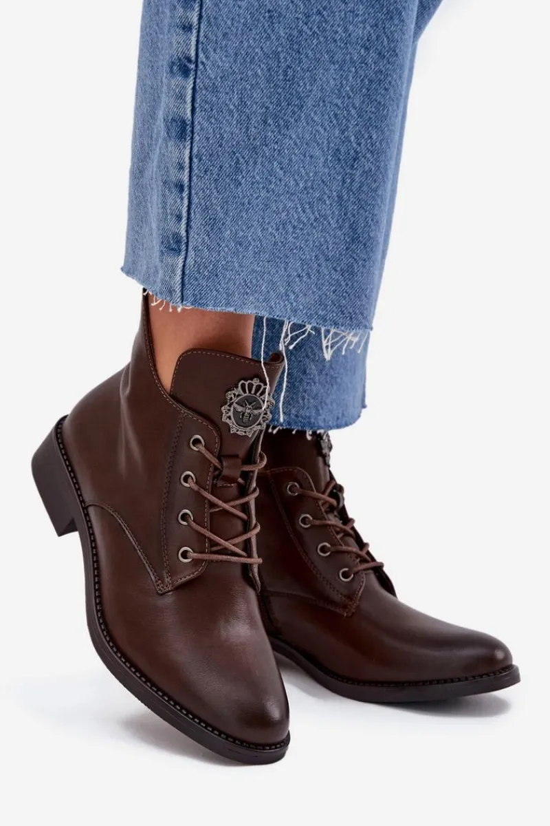 Discount Niskie Botki Damskie Na Płaskim Obcasie Z Ozdobnym Detalem Ocieplane Brązowe Cylira Damskie Botki Ocieplane|Botki Sznurowane