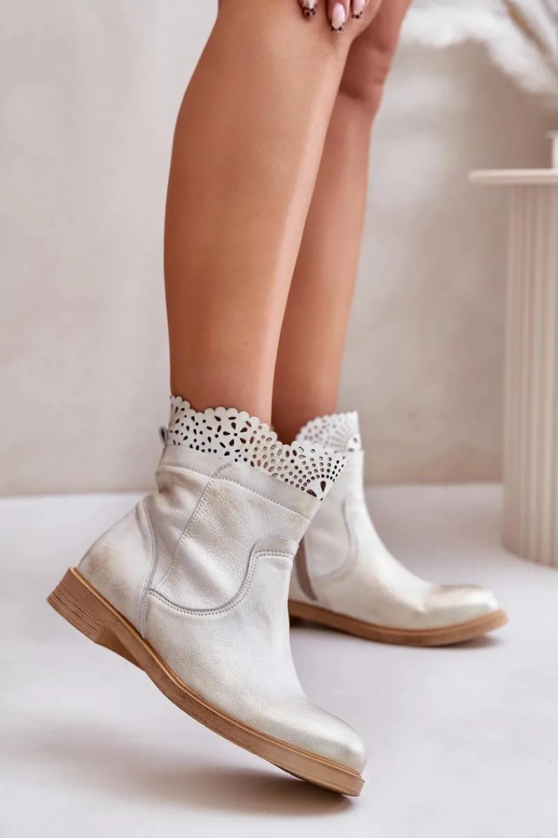 Sale Boto Niskie Botki Damskie Na Płaskim Obcasie Skórzane Lewski 3624 Złote Przecierane