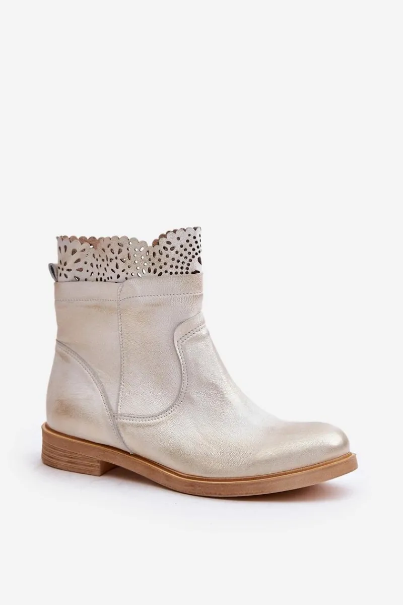 Sale Boto Niskie Botki Damskie Na Płaskim Obcasie Skórzane Lewski 3624 Złote Przecierane