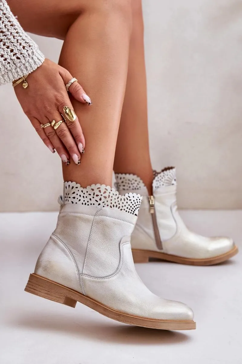 Sale Boto Niskie Botki Damskie Na Płaskim Obcasie Skórzane Lewski 3624 Złote Przecierane