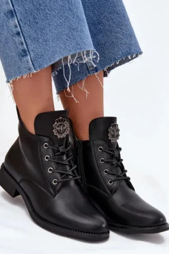 New Boto Niskie Botki Damskie Na Płaskim Obcasie Z Ozdobnym Detalem Ocieplane Czarne Cylira Czarny