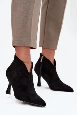 Botki Na Obcasie>Boto Niskie Botki Damskie Na Szpilce Eko Zamszowe Czarne Jolivra Czarny
