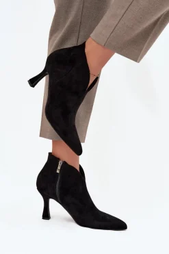 Botki Na Obcasie>Boto Niskie Botki Damskie Na Szpilce Eko Zamszowe Czarne Jolivra Czarny