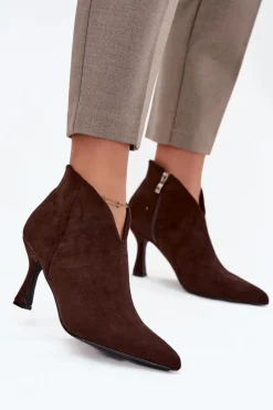 Discount Boto Niskie Botki Damskie Na Szpilce Eko Zamszowe Czekoladowe Jolivra